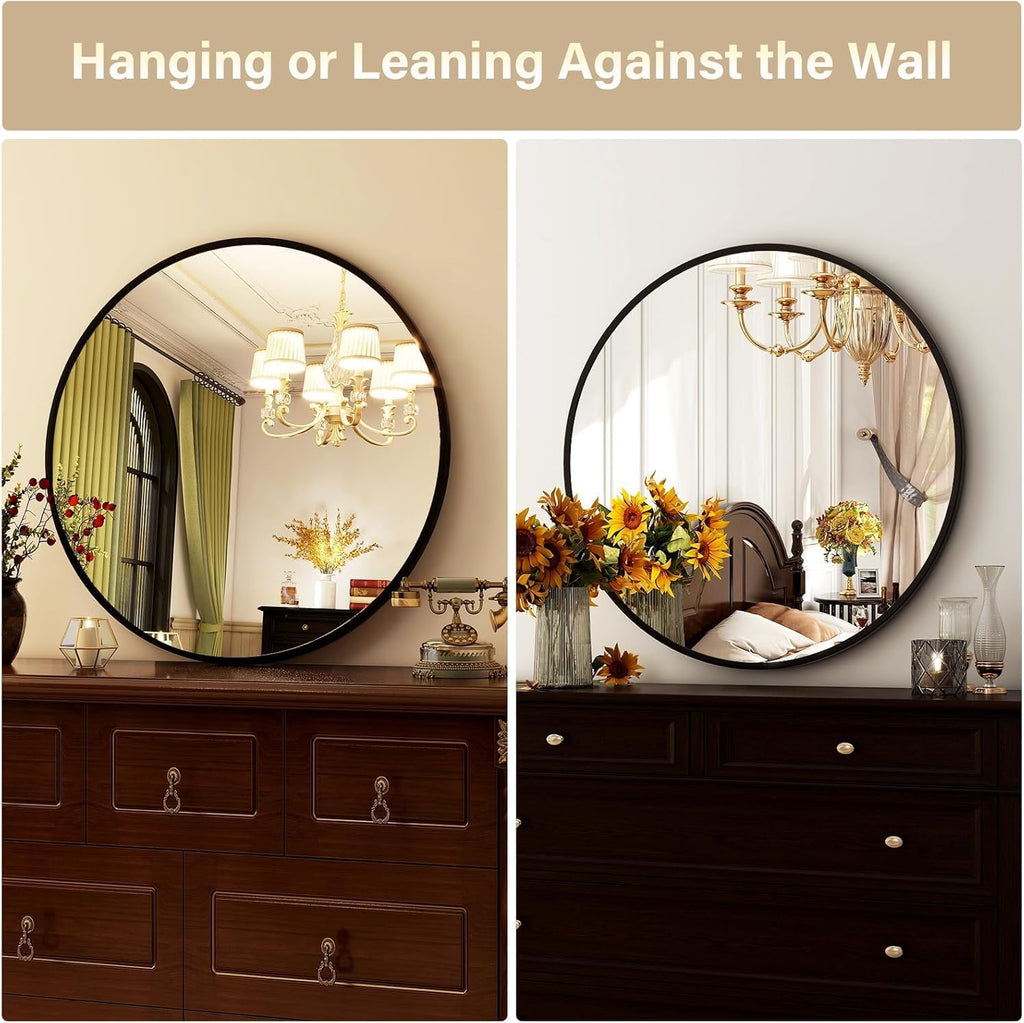 Round Mirror 30 Black Wall Mounted Circle Mirrors Vanity Mirror with Brushed Aluminum Alloy Frame Modern Decoration