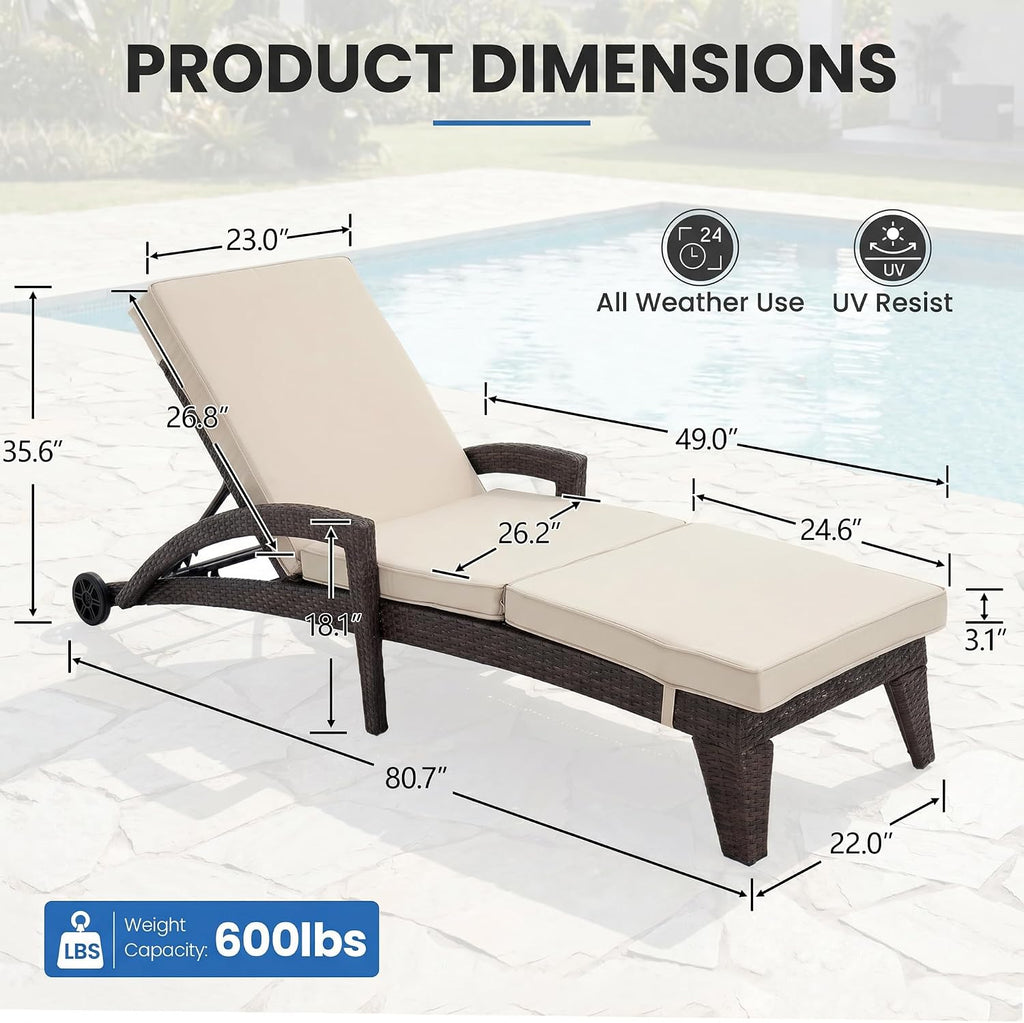 Chaise Lounge Chairs Set of 2, Upholstered 5-Positions Adjustable Lounge Chairs, Wicker Outdoor Long Reclining Chaise
