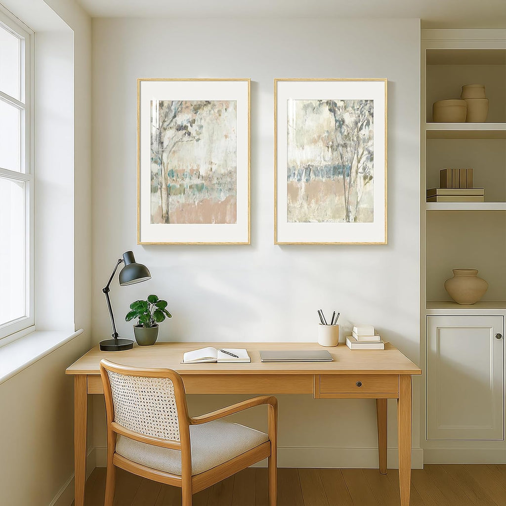 Framed Neutral Abstract Landscape Wall Art , Large Set of 2 Minimalist Tree Canvas Artwork for Walls, Modern Nature