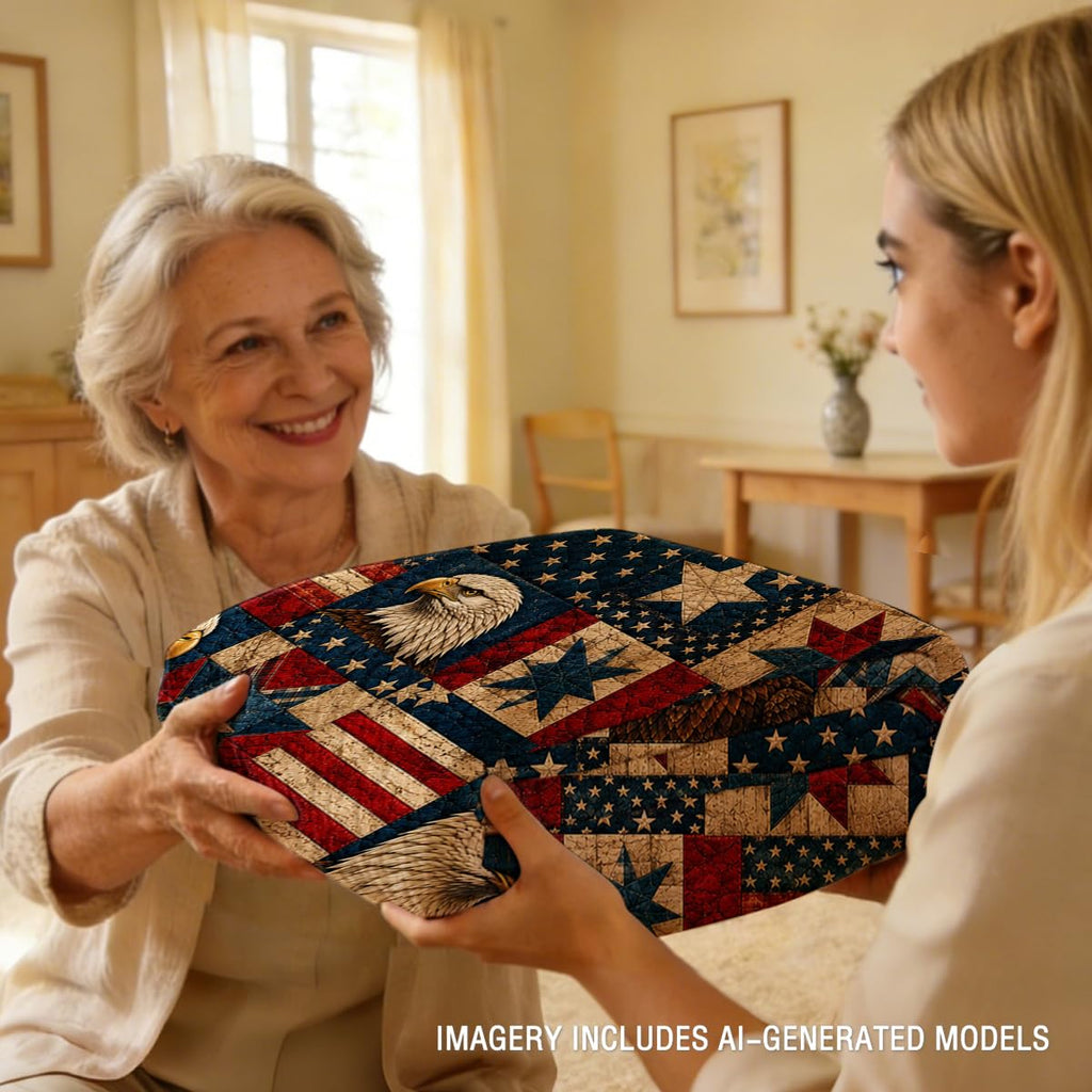 2 Pieces Patriotic Eagle Quilt Set with American Flag and Sunset Mountain Scene, Rustic Microfiber Bedding Decor, 1