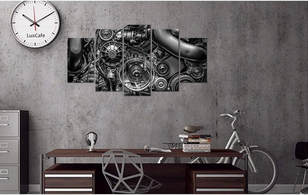 5 Piece Canvas Prints Engine Engineering Closeup Gear And Chain Black And White Photos Wall Art Modern Home Decor