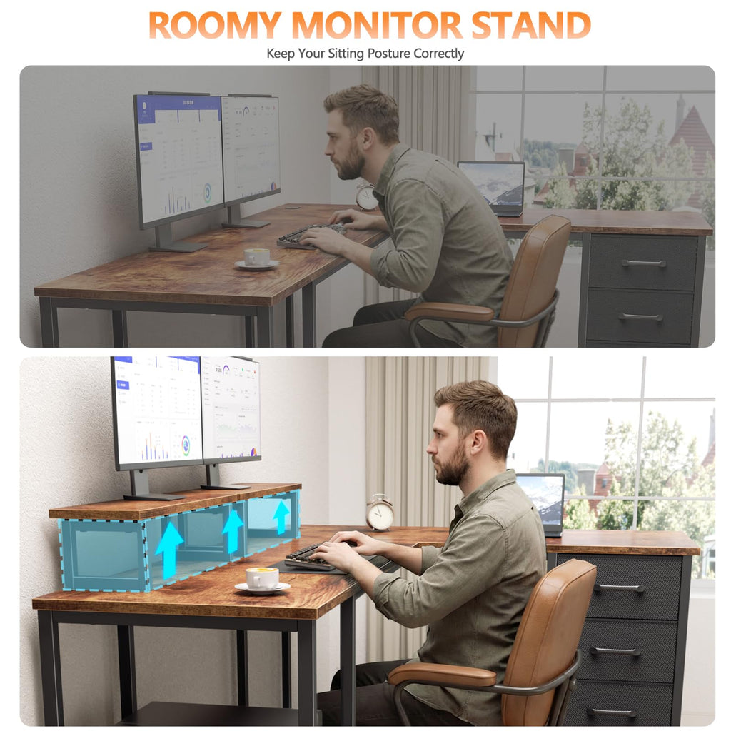 59 inch L Shaped Computer Desk with Power Outlets, Rustic Brown
