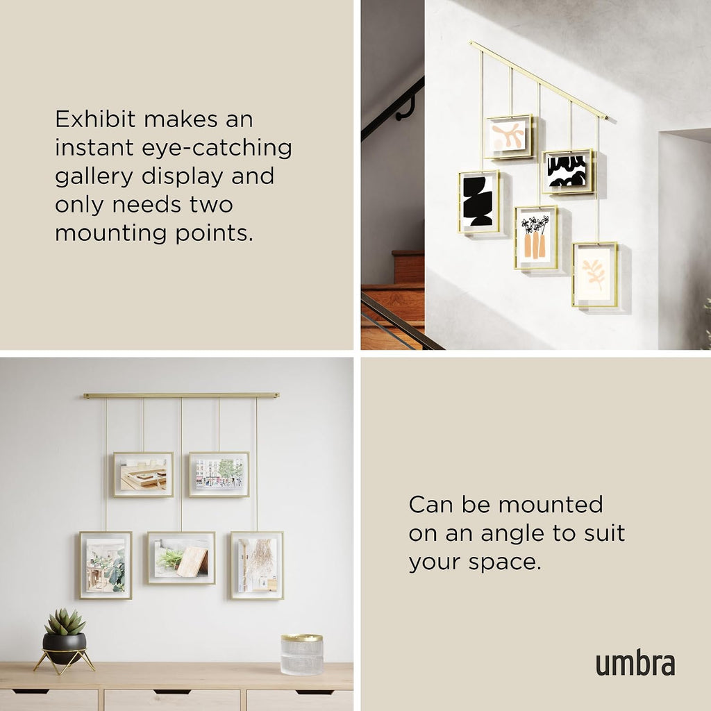 Exhibit Picture Frame Set, Adjustable Wall Mount, Set of 5, Brass