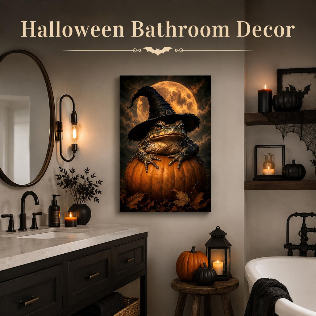 Halloween Frog Witch Canvas Wall Art, Frog on Pumpkin Under Full Moon, Funny Spooky Animal Halloween Decor, Gothic