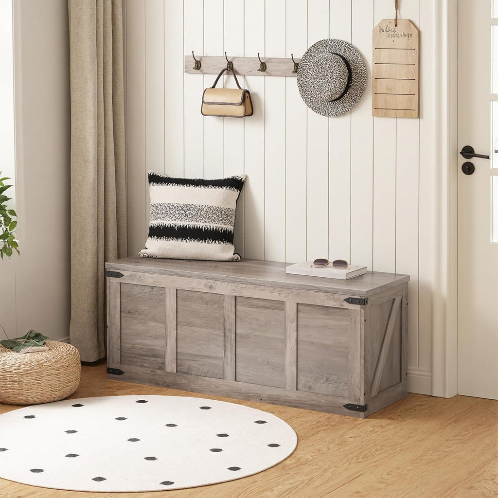 Storage Bench, 47.2"Toy Box Organizer with Safety Hinges, Farmhouse Wooden Storage Chest, Greige BG520CW01