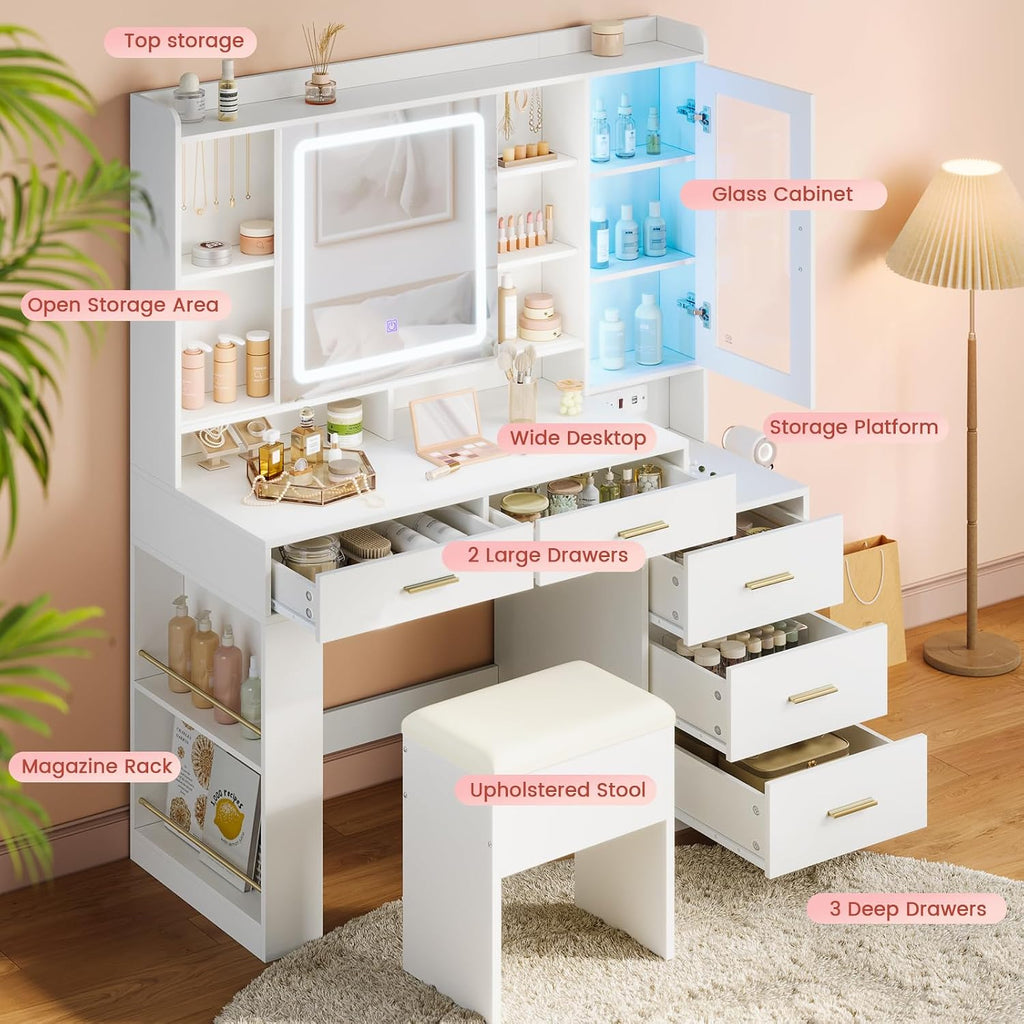 Makeup Vanity Desk with Sliding LED Lighted Mirror, 47.2"W Large Vanity Desk with Drawers, Shelves and Side Storage