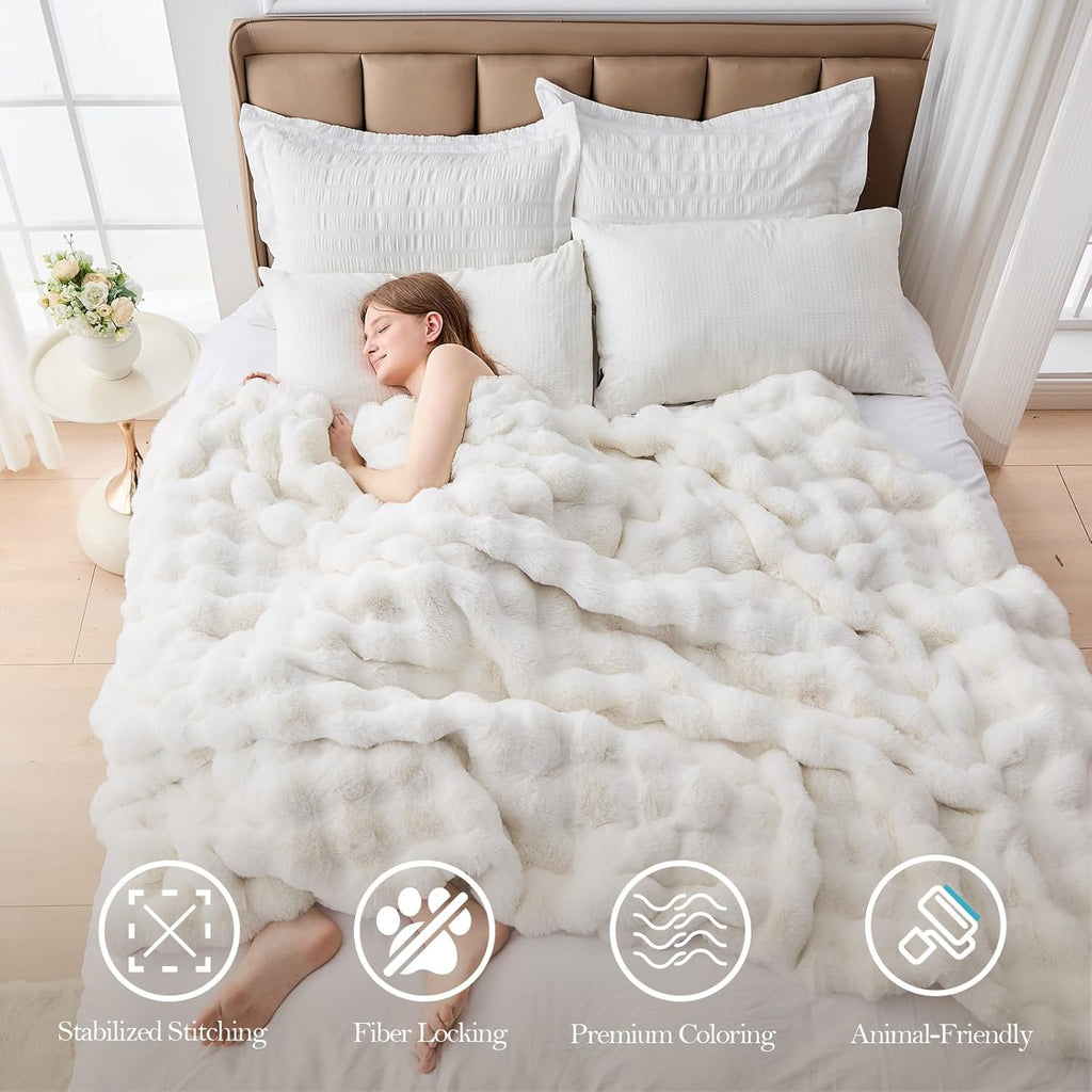 Faux Fur Throw Blanket, 1000 GSM Cozy Fuzzy Fluffy Soft Plush Thick Bubble Blanket, Mothers Day Birthday Gifts for