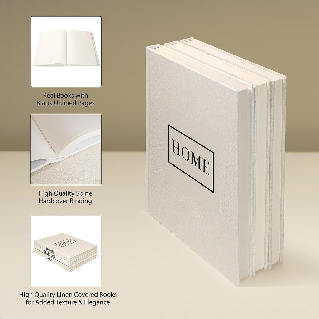 Linen Neutral Coffee Table Books Set of 3,Fashion Designer Hardcover Blank Book Stack, Modern Decorative Books Decor