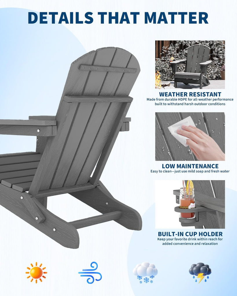 HDPE Folding Adirondack Chair Set of 2 with Side Table, Grey | All Weather Resistant Outdoor Chair with Wood Texture&