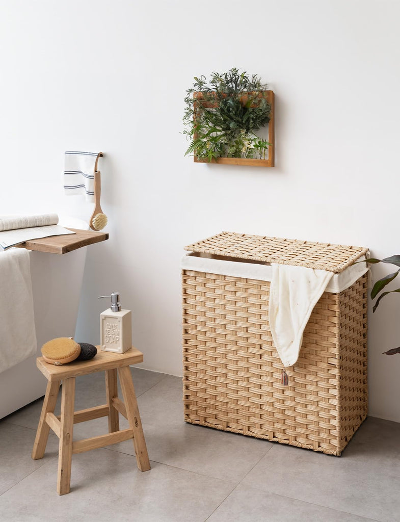 110L Wicker Laundry Hamper with Lid, 2 Section Wicker Laundry Basket, Large Basket for Dirty Clothes, Hamper with
