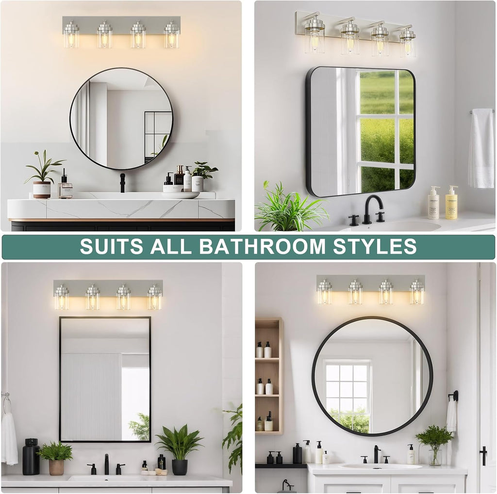 Bathroom Vanity Light Fixture, 4-Light 30 Inch Brushed Nickel Bathroom Light Fixtures Over Mirror, with Clear Glass