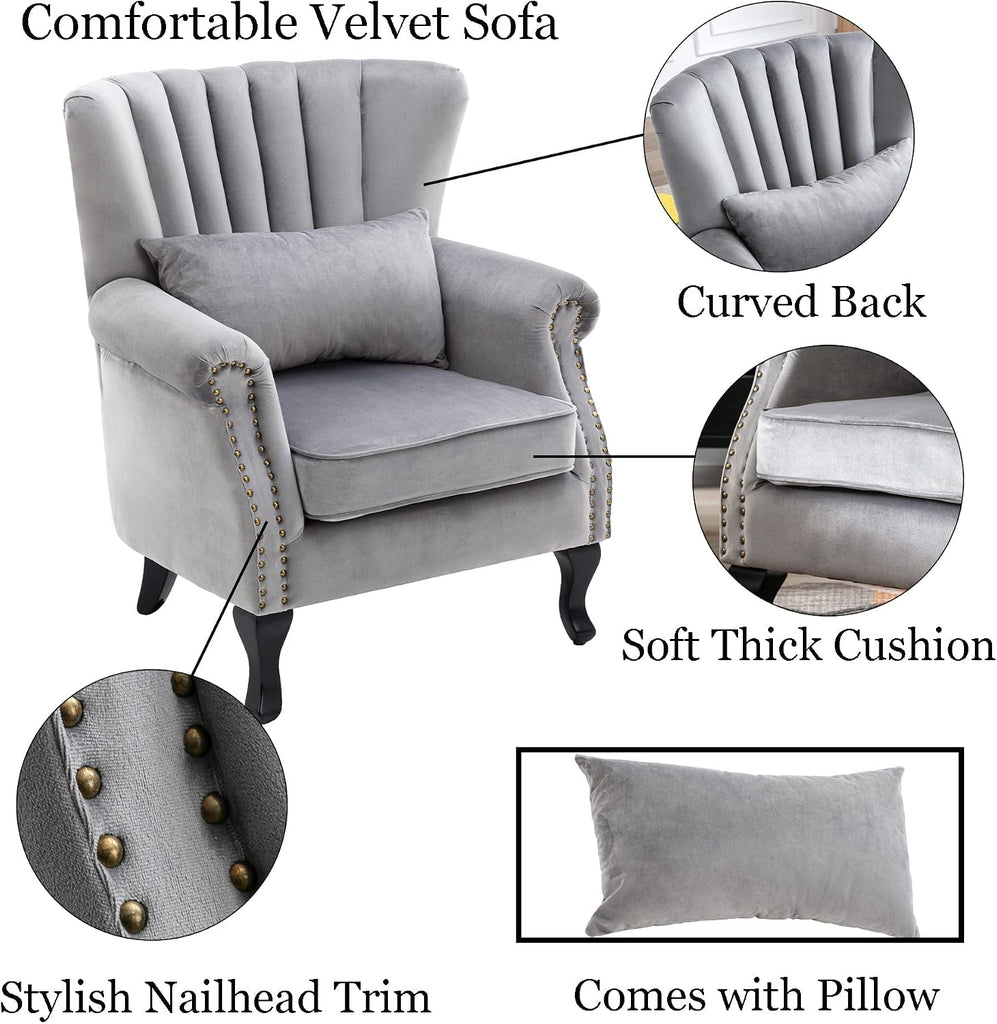 Velvet Accent Chairs Set of 2 with Arm Comfy Living Room Chair Mid-Century Modern Wingback Side Chair Single Sofa
