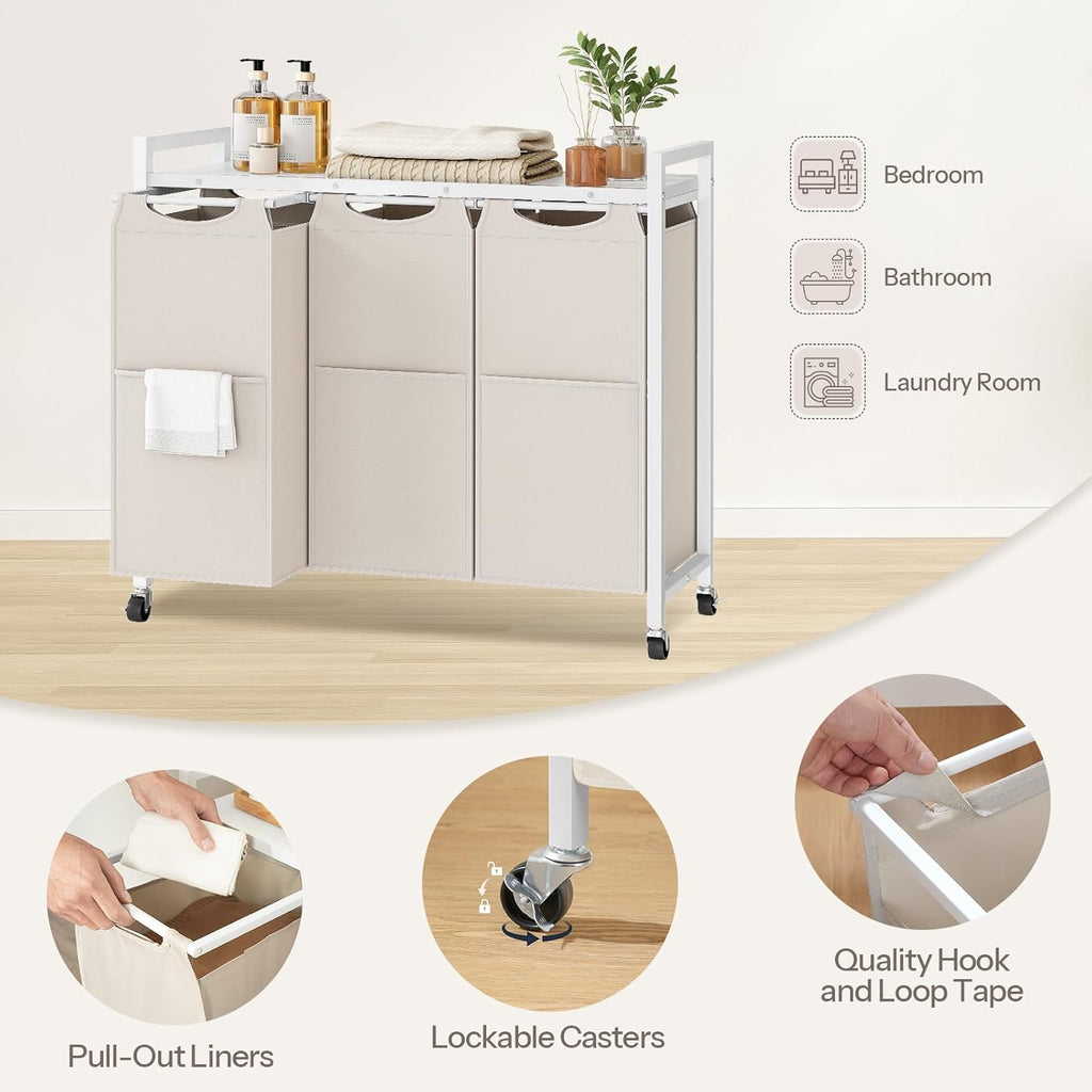 Laundry Sorter 3 Section, Laundry Hamper with Wheels, 3 × 11.5 Gal (43.4L), Rolling Laundry Basket, Pull-Out and
