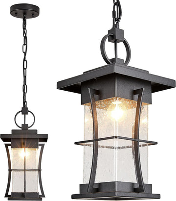 Outdoor Pendant Light, 14" H Large Hanging Lantern with Seeded Glass