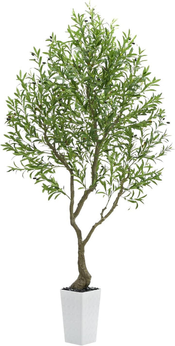 Olive Trees Artificial Indoor 8FT Tall Faux Olive Plants Silk Plant with White Planter, Artificial Plants Home Office