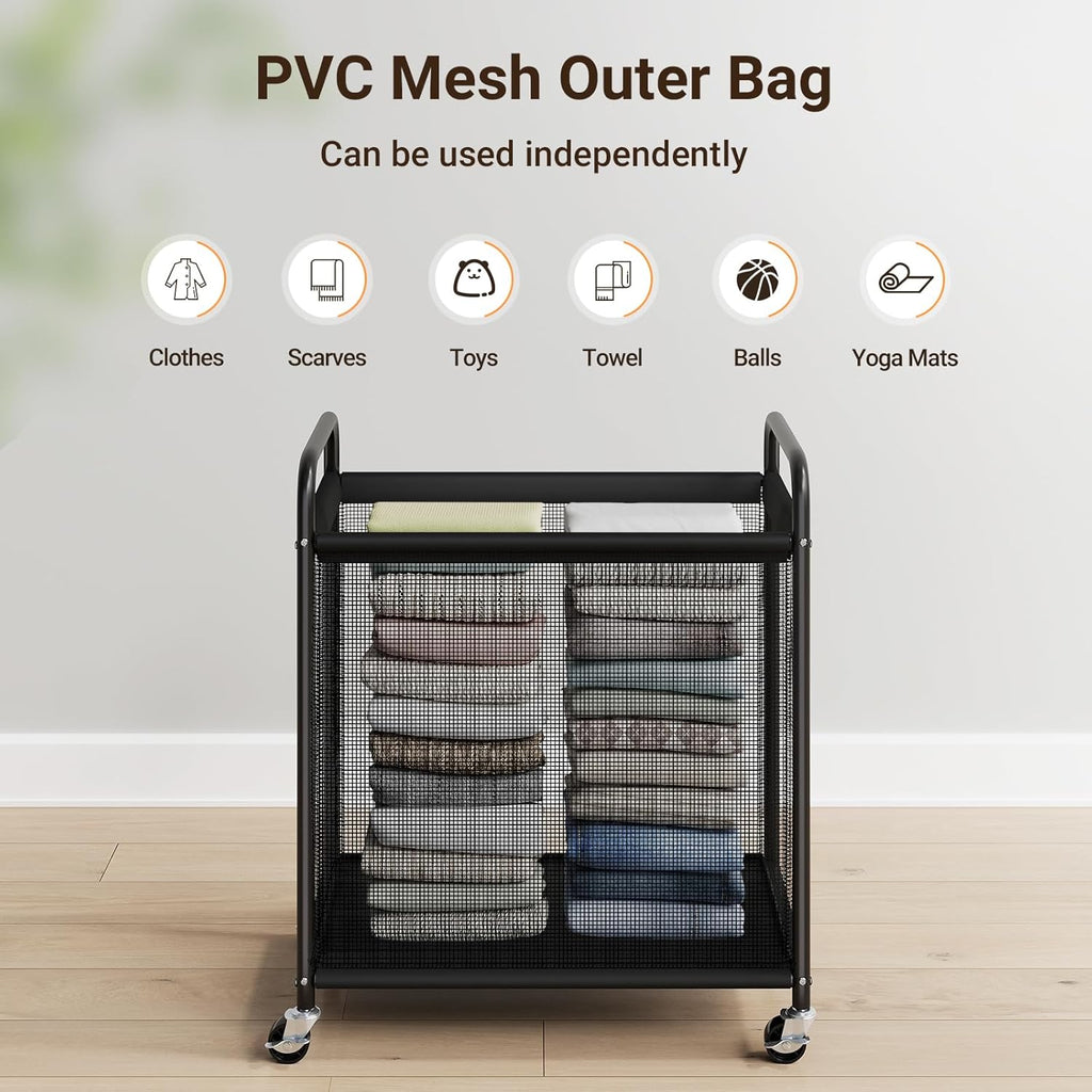 Laundry Hamper 2 Section, 100L Rolling Laundry Sorter with Wheels | Removable Washable Liner Bags, Sturdy Steel Frame