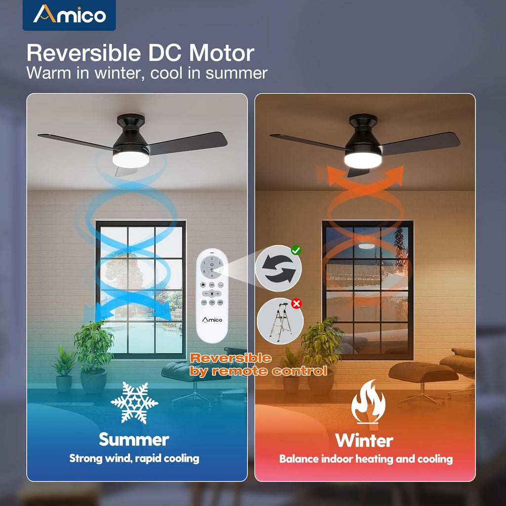Ceiling Fans with Lights, 42 inch Low Profile Ceiling Fan with Light and Remote Control, Flush Mount, Reversible, 3CCT, Dimmable, Noiseless, Black Ceiling Fan for Bedroom, Indoor/Outdoor Use