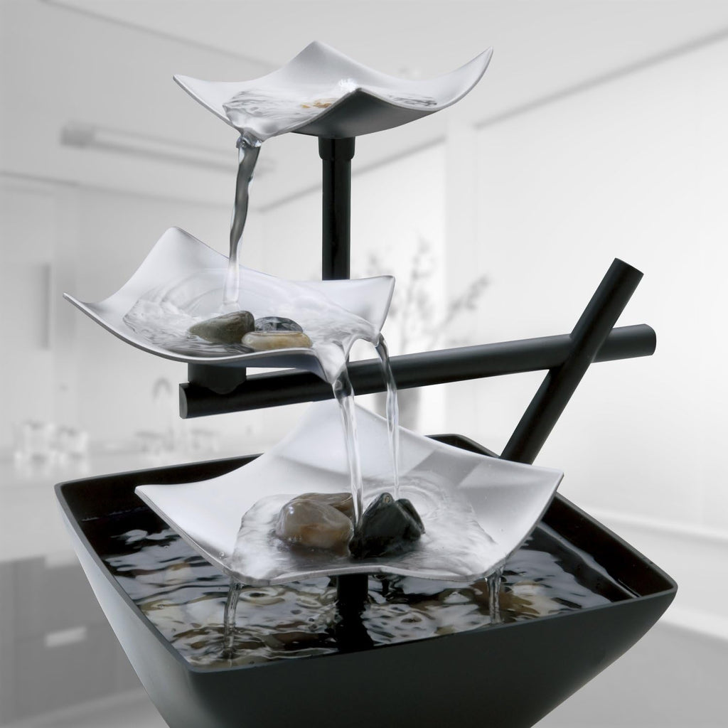 Tabletop Water Fountain, Home Décor Soothing Sound Machine - Automatic Pump, Deep Basin & Natural River Rocks. Indoor