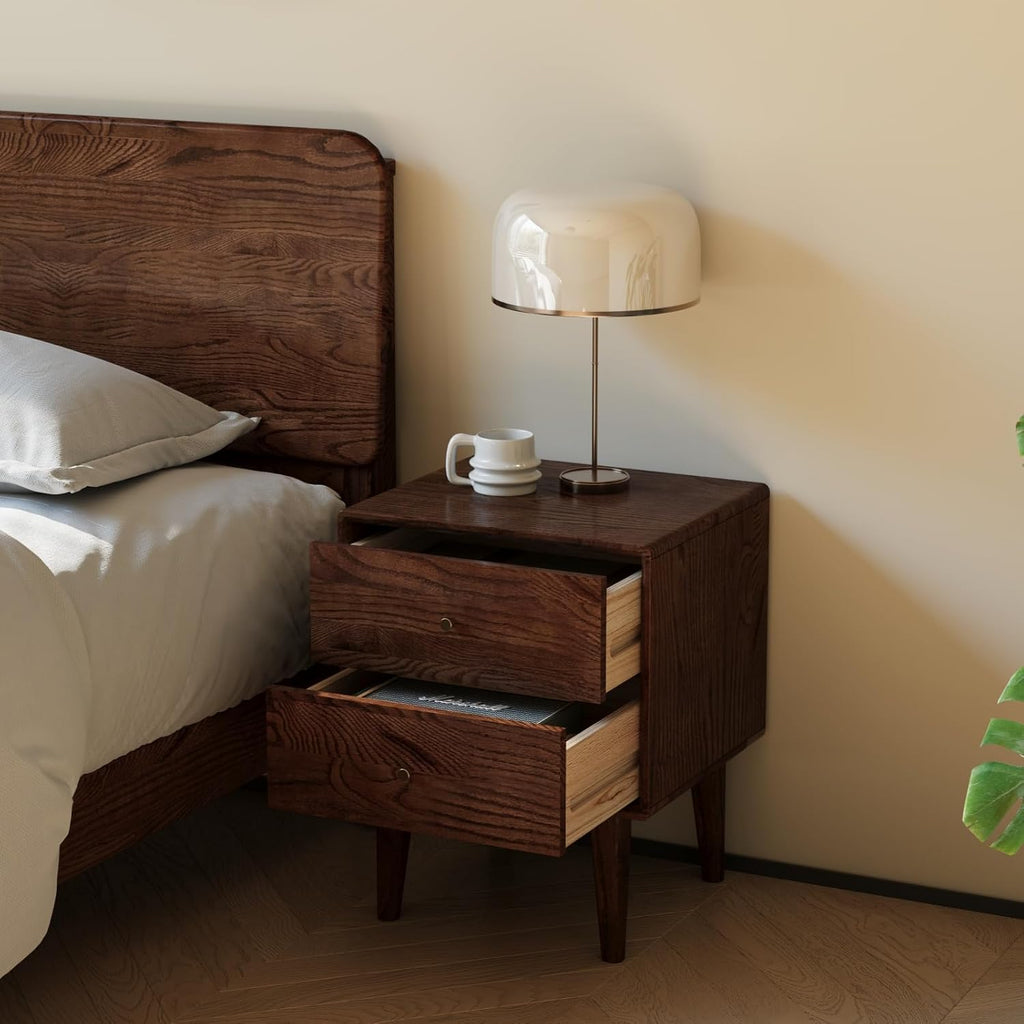 100% Solid Wood Nightstand, Walnut Nightstand with 2 Drawers, Mid Century Modern Night Stand, Oak Nightstands, Wooden