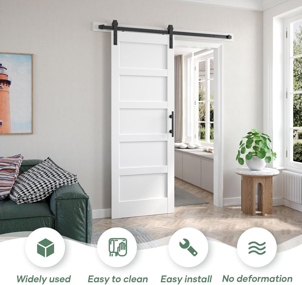 30inx80in White Barn Door and 5.5FT Sliding Barn Door Hardware Kit Included,Solid,MDF, PVC Surface,D