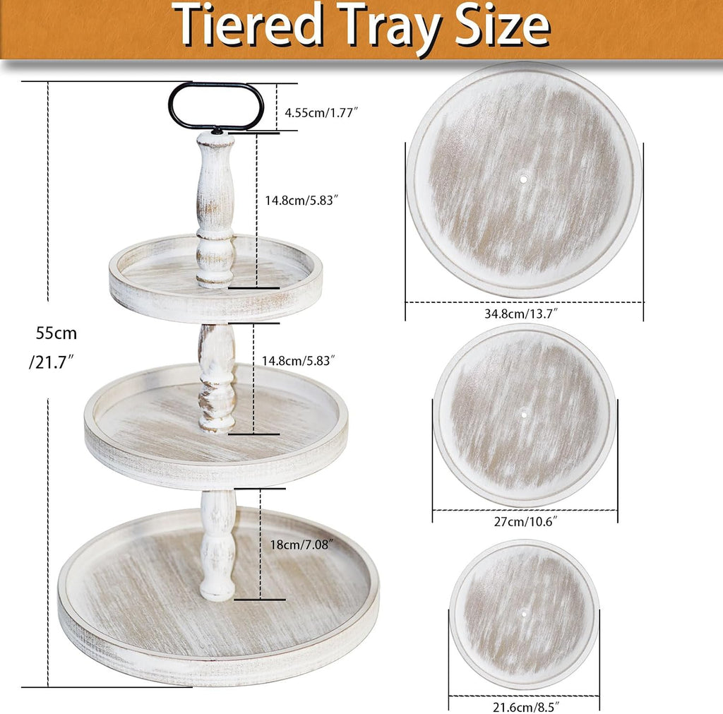 Decorative Tray - Cupcake Stand Three Tiered Tray Stand, Rustic Round Farmhouse Style Tiered Tray Decor, Farmhouse 3
