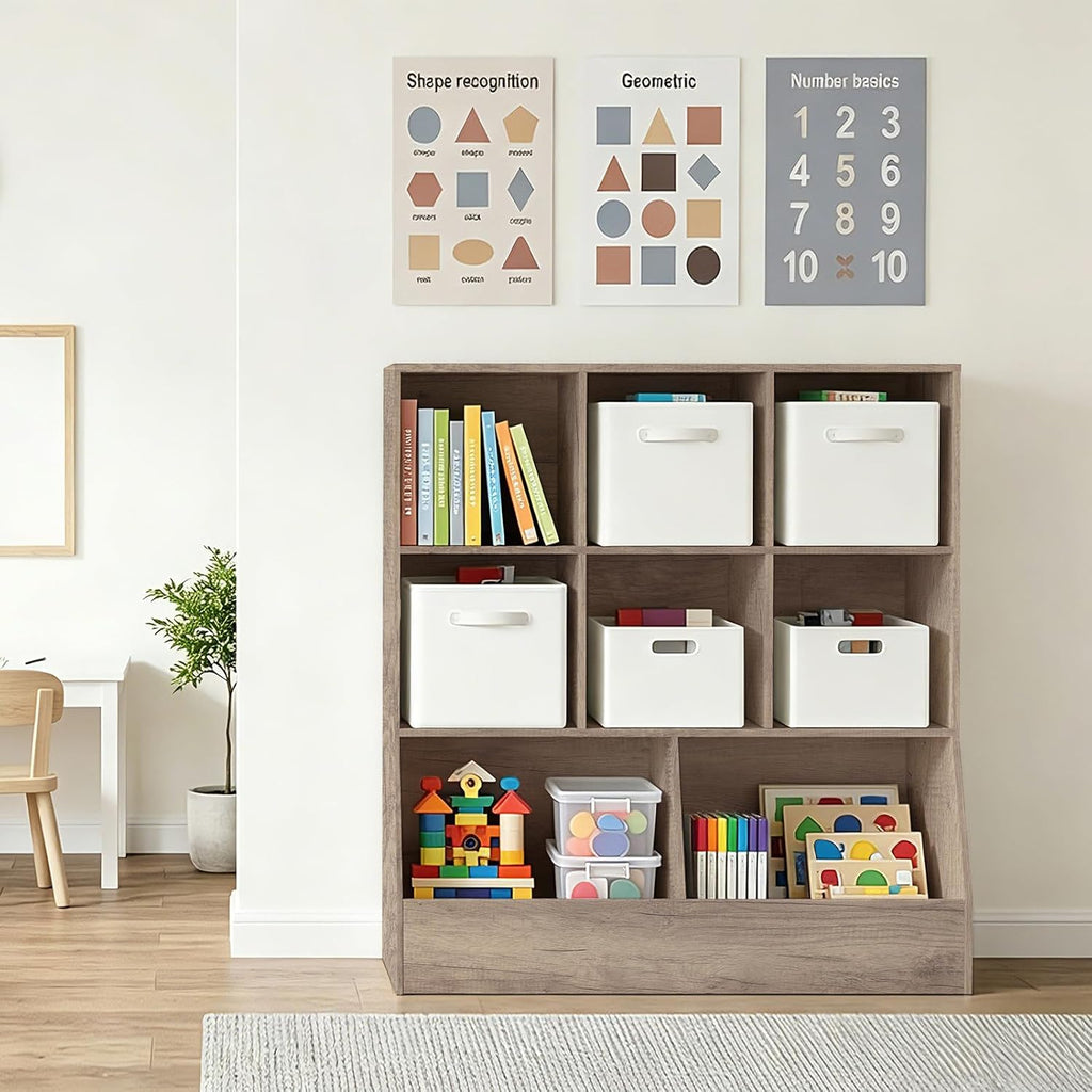 Toy Storage Organizer, Kids Cubby Cabinet with Bookshelf, 8-Cube | 3-Tier Wood Toy Book Shelf, Anti-Tip Structure
