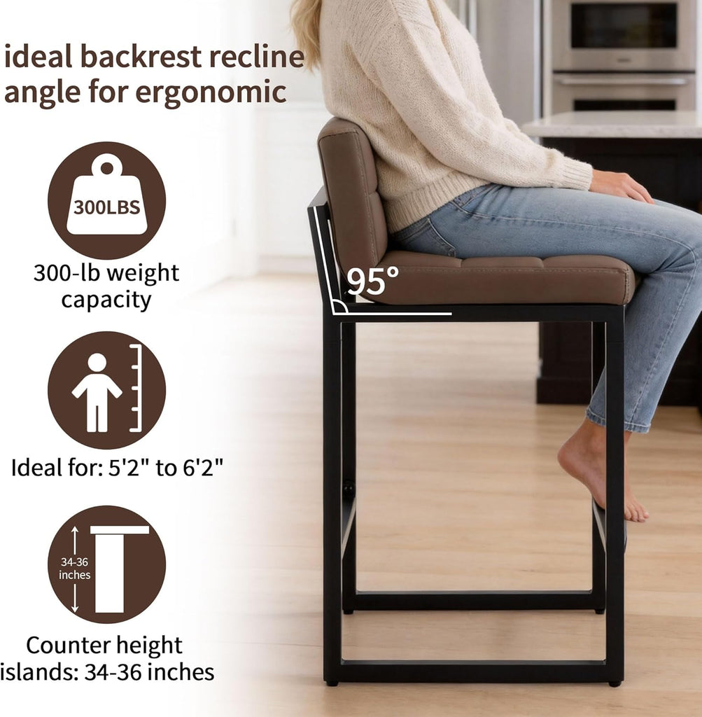 Counter Height Bar Stools Set of 4, Upholstered Barstools with Back, Bar Chairs with Thickened Metal Legs, PU Leather