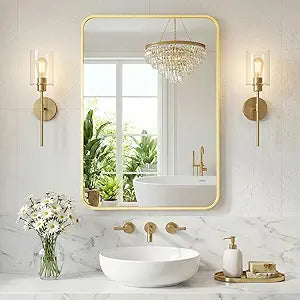 30X40 Inch Bathroom Mirror, Rectangle Wall Mirror with Rounded Corners, Gold Vanity Mirrors Sink with Metal Frame,