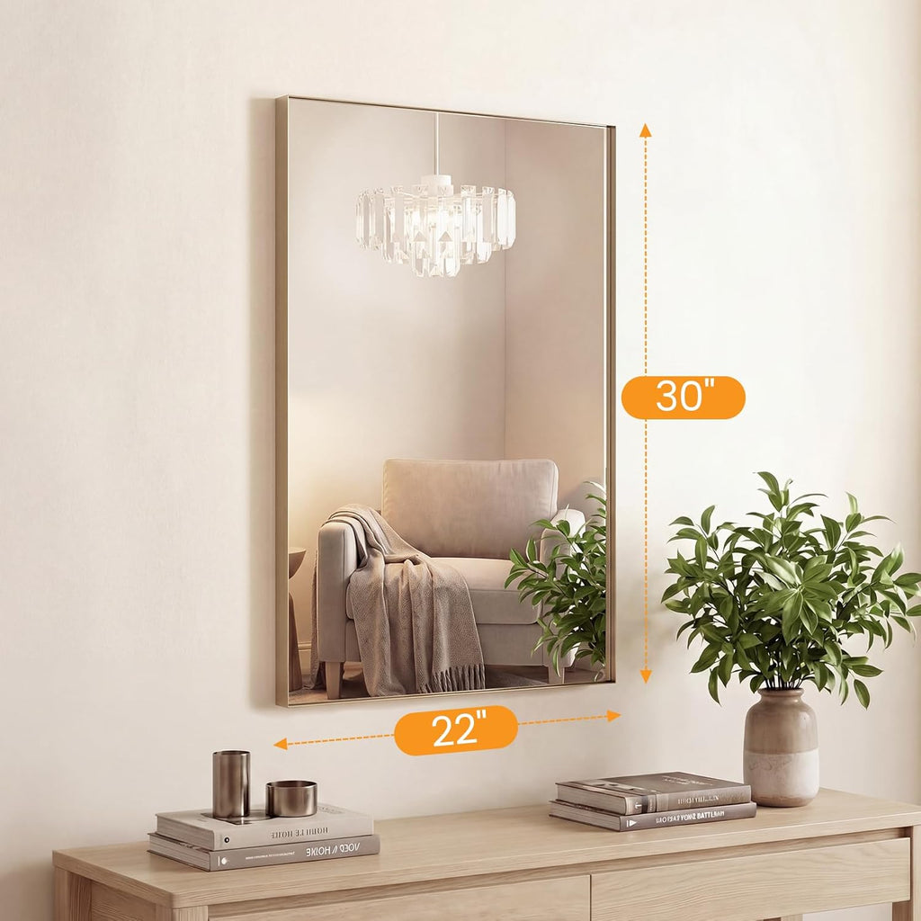 22"x30" Wall Mirror, Bathroom Mirrors for Over Sink, Gold, Tempered Glass & Anti Rust Metal Frame, Decor
