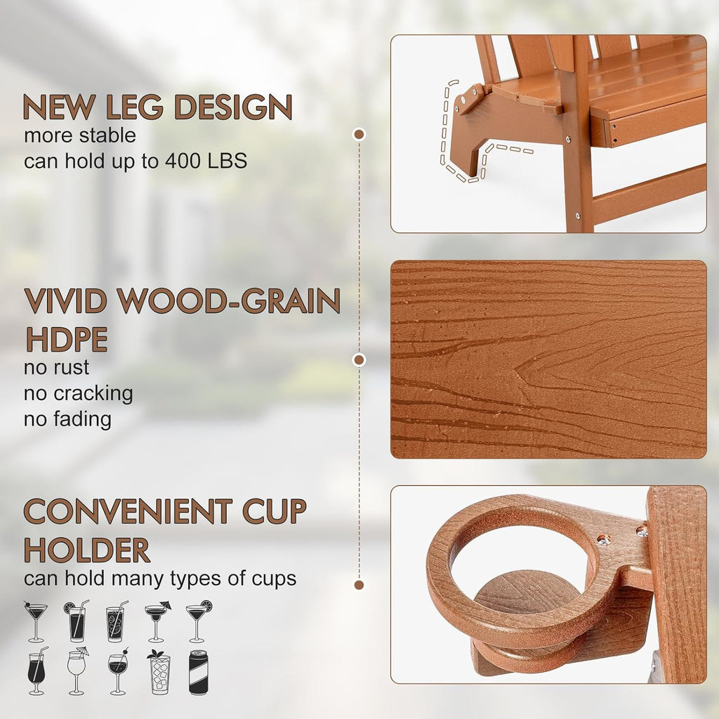 Folding HDPE Adirondack Chair 4-Pack, Gun-Leg Frame with Cupholder | All Weather Waterproof Heat Resistant, Wood