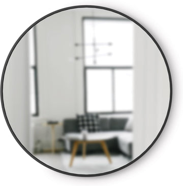Hub Round Wall Mirror with Rubber Frame, Modern Style and More, 37-Inch, Black