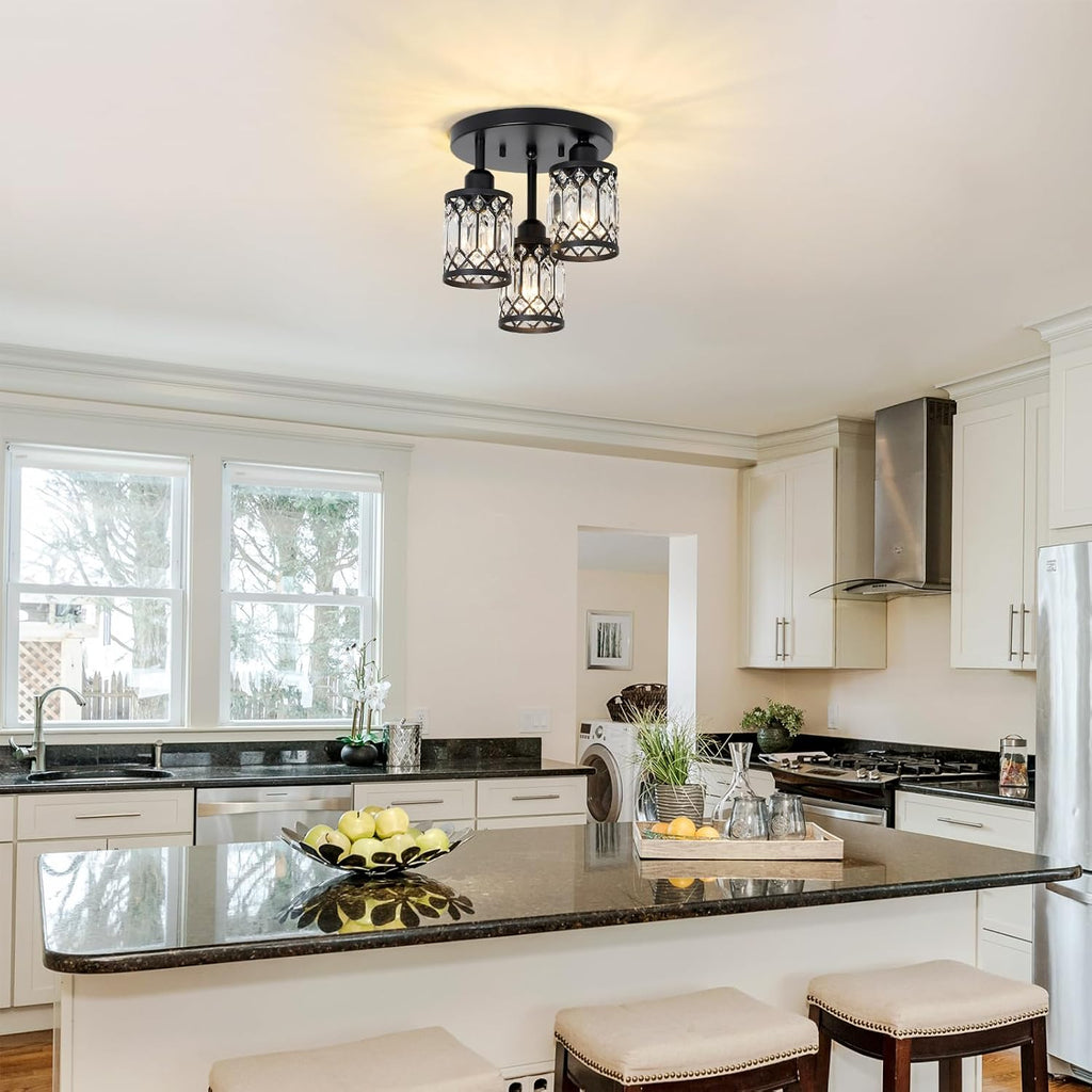 Semi Flush Mount Ceiling Light,3-Light Modern Crystal Close to Ceiling Light Fixtures, Black Kitchen Light Fixtures