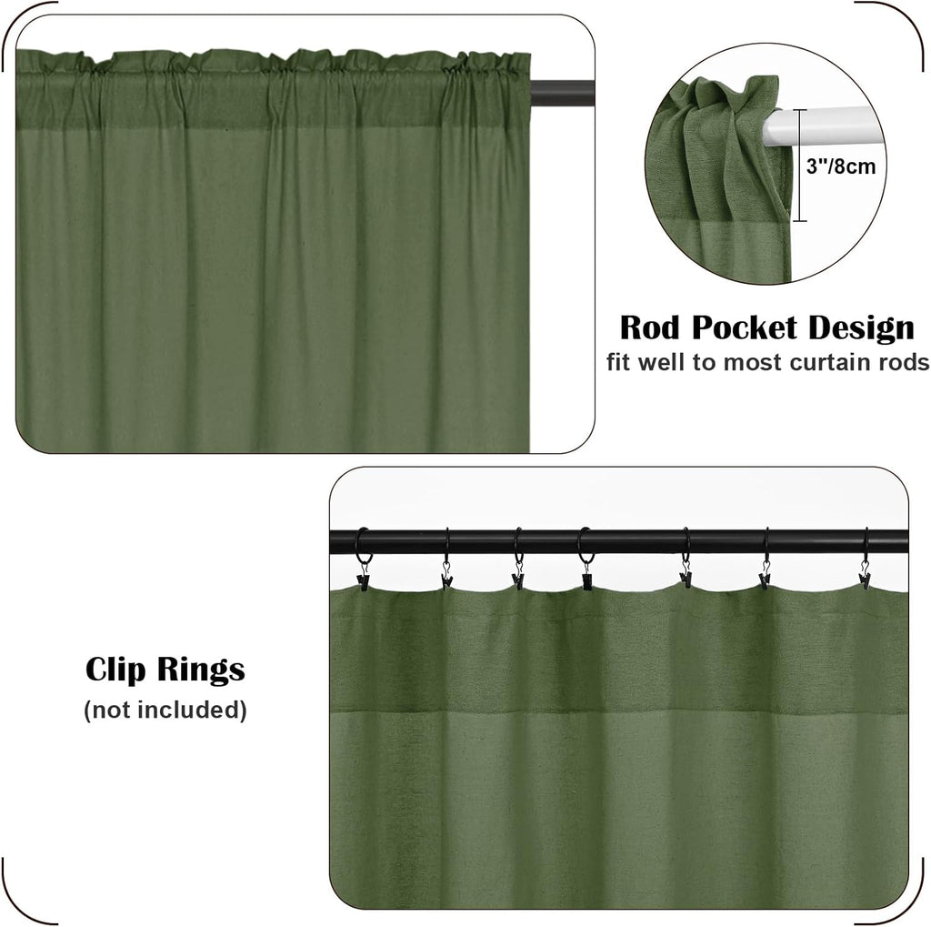 Farmhouse Valance Curtains, Boho Cotton Linen Kitchen Valance, Olive Green Rustic Button Window Valances for Kitchen