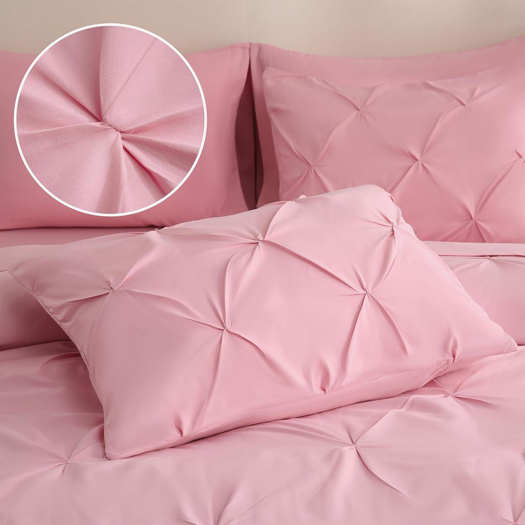 7 Pieces Pink Comforter Set, Pintuck Pinch Pleat Bed in a Bag