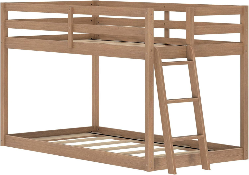 Bear Twin Over Twin Bunk Bed, Low Bunk Bed Frame for Kids, Bunk with Ladder, Guardrail, and Slats
