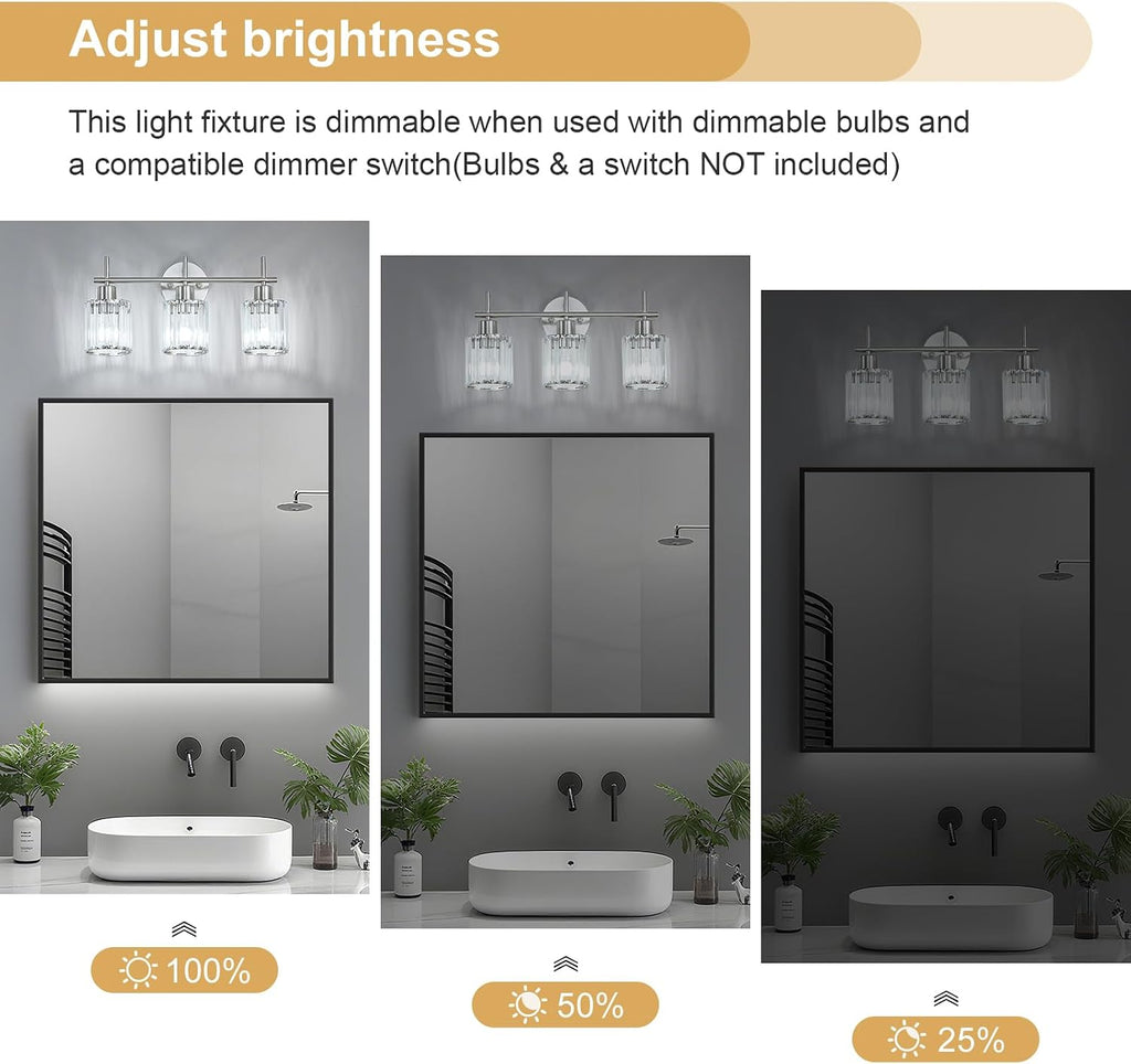 Brushed Nickel 3-Light Crystal Bathroom Vanity Light Fixtures, Round | Vanity Lights , Modern Bathroom Lighting