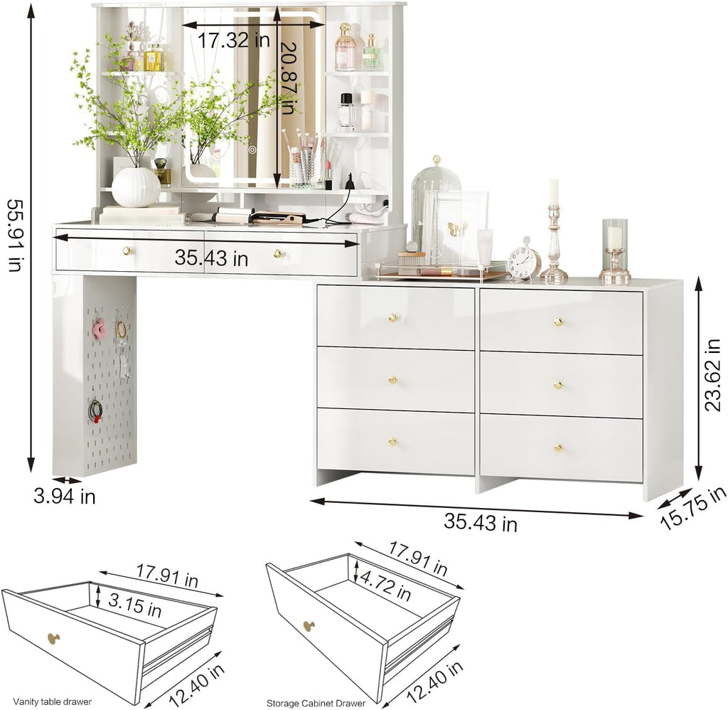 Makeup Vanity Desk with Mirror and Lights, Vanity Desk with 8 Drawers & Storage Shelves, Vanity Table with Power