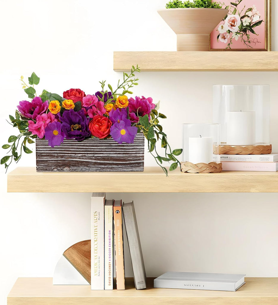 Flower Arrangement with Wooden Vase 10" Artificial Flowers in Pot - Fake Flowers in White Rectangular Wooden Vase