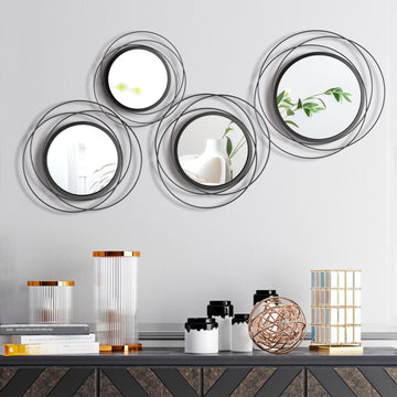 4 Pcs Decorative Round Modern Circle Mirror Wall Art Ring Metal Mirror Wall Mounted (Black)