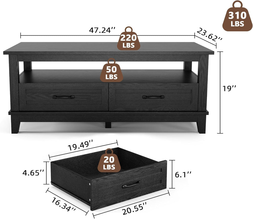 Farmhouse Coffee Table with Drawers, 47.2 in Center Table Rustic Coffee Tables Black Living Room Table