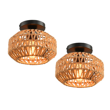 2 Pack Farmhouse Light Fixtures Ceiling Mount, Mini Rattan Boho Semi Flush Mount Ceiling Light, Hand Woven Hallway