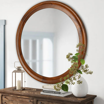 Round Wall Mirrors 30 Inch,Wood Mirror with Walnut Frame