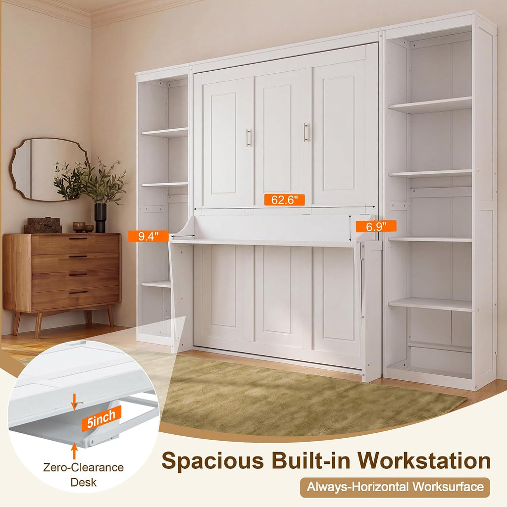 Murphy Bed Queen with Small Desk and Bookcase, Vertical Murphy Wall Bed Cabinet Desk and Bookshelf Storage Combo