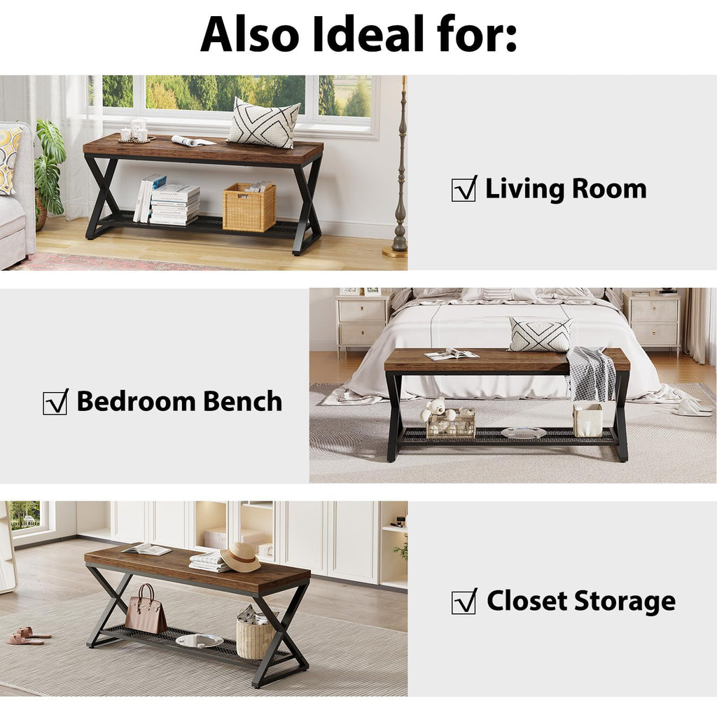 Rustic Brown Entryway Bench, 39" Industrial Shoe Bench with Storage