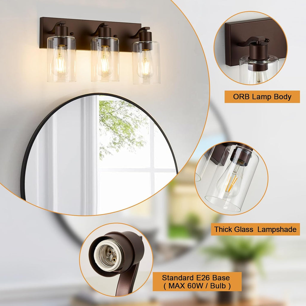 3 Lights Bathroom Light Fixtures Oil Rubbed Bronze Vanity Light with Clear Glass Shade 18in Modern Bathroom Lighting