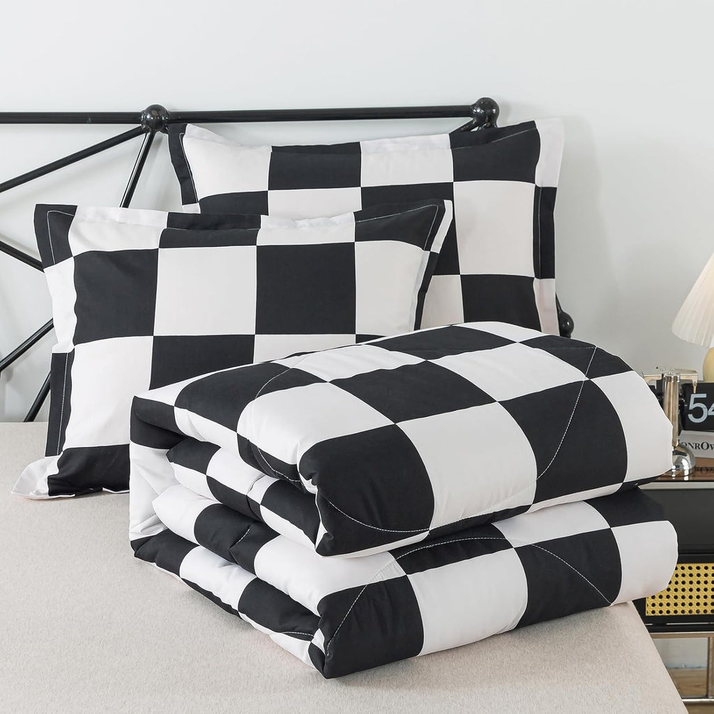 Black and White Checkered Comforter Set, Plaid Checkered Boys Bedding Set for All Seasons, Farmhouse Soft
