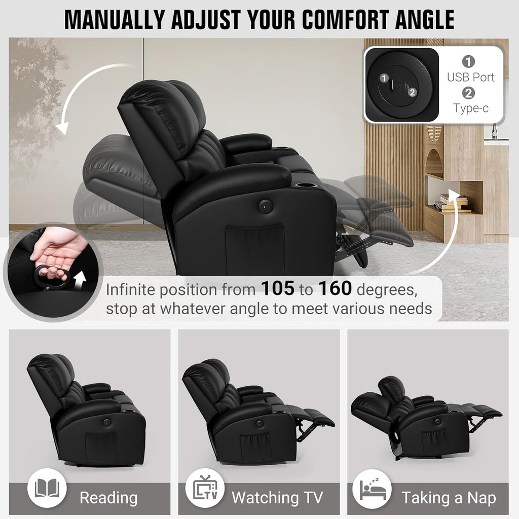 Home Theater Seating,RV Recliner Sofa with Massage and Heat,Manual RV Recliner Loveseat with USB/Cup Holders