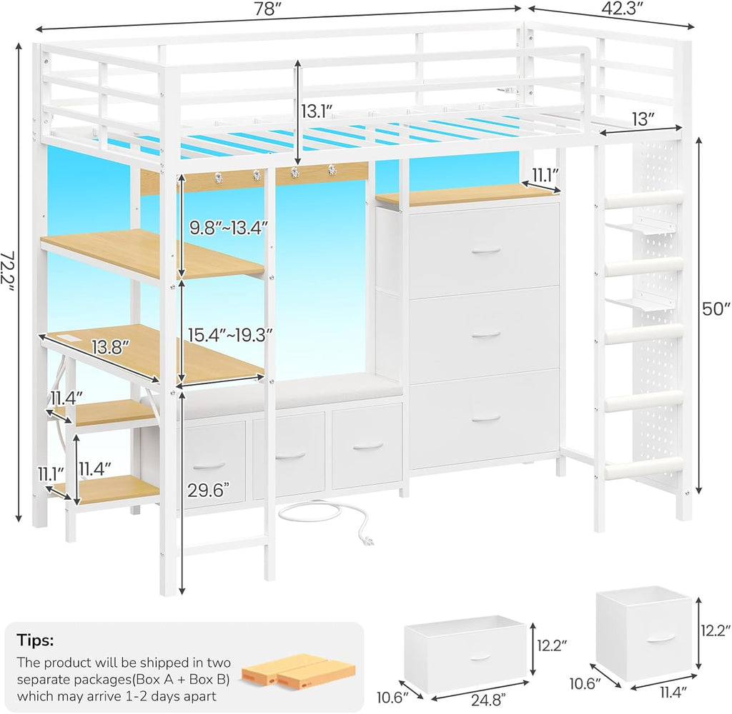 Twin Loft Bed with 6 Storage Drawers,Coat Rack and Open Shelves Metal Twin Loft Bed with Desk,Charging Station and LED