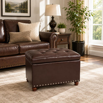 Leather Ottoman with Storage Small Foot Stool with Hinged Lid