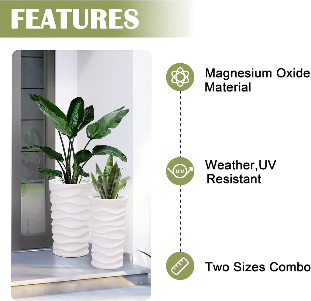 Tall Planters for Outdoor Plants, Set of 2 Garden White | With Drainage Hole and Rubber Plug, Modern White